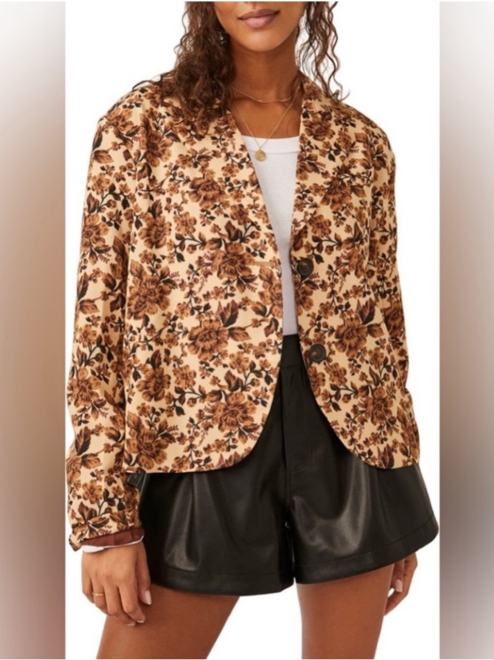 NWT Free People Cali Floral Printed Boxy Blazer Jacket Sand Medium